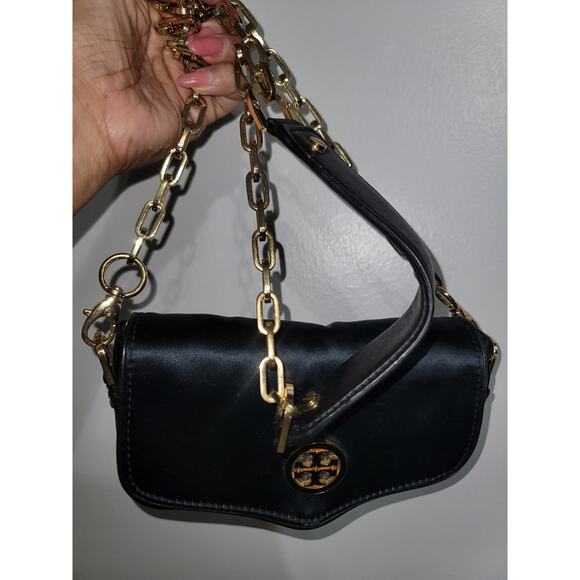 Tory Burch Amanda Logo Clutch Crossbody Bag Satin Black - Picture 6 of 6